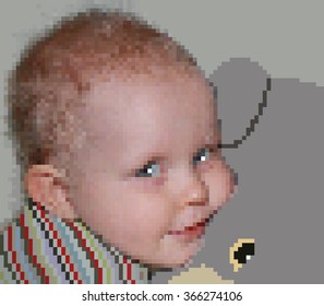 vector Photo Face of a young child with a teddy bear of a color cell