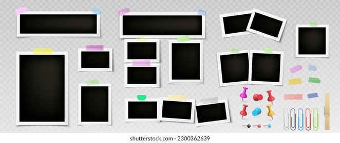 Vector photo frame collage with push pin and tape set. Memory or mood board foto icon mockup collection to attach snapshot with paper clip or thumbtack. Isolated realistic portrait photography