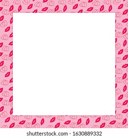 Vector photo frame isolated on a white background. Square pink frame of kisses and hearts