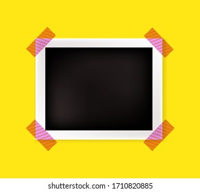 Vector photo frame isolated on bright yellow background, blank rectangular frame template, colorful illustration.