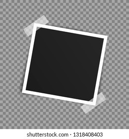 Vector Photo frame mockup design. Photo frame on sticky tape isolated on transparent background. Vector illustration.
