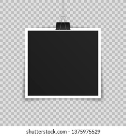 Vector Photo frame mockup design. Photo frame hanging on a clip isolated on transparent background. Vector illustration.