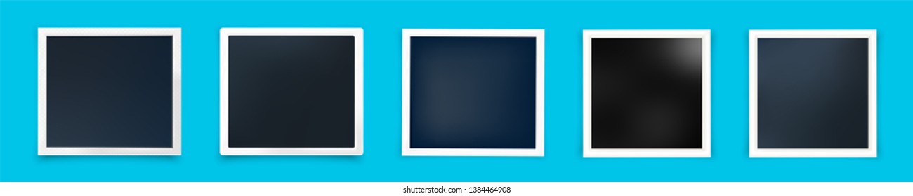 Vector photo frame mockup design. Set of 5 different frames. Matt, glossy, black and and dark blue colors.  Modern trendy squared  size. 