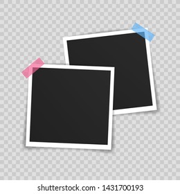 Vector Photo frame mockup design. Photo frame on sticky tape isolated on transparent background. Vector illustration.