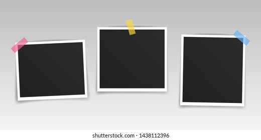 Vector Photo frame mockup design. Photo frame on sticky tape isolated on transparent background. Vector illustration.