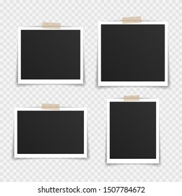 Vector Photo frame mockup design. Super set photo frame on sticky tape isolated on transparent background. Vector illustration.