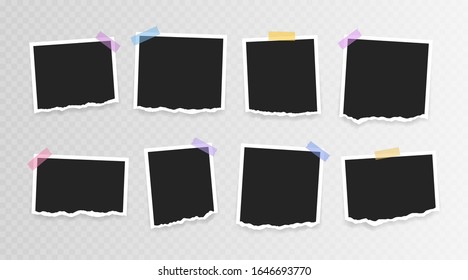 Vector Photo frame mockup design. Super set photo frame with torn paper on sticky tape isolated on transparent background. Vector illustration.