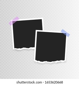 Vector Photo frame mockup design. Photo frame with torn paper on sticky tape isolated on transparent background. Vector illustration.