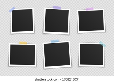 Vector Photo frame mockup design. Super set photo frame on sticky tape isolated on transparent background. Vector illustration.