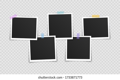 Vector Photo frame mockup design. Super set photo frame on sticky tape isolated on transparent background. Vector illustration.