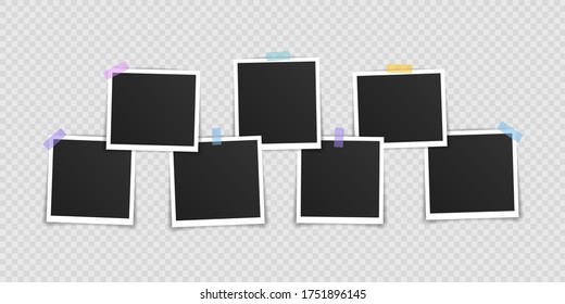 Vector Photo frame mockup design. Super set photo frame on sticky tape isolated on transparent background. Vector illustration.