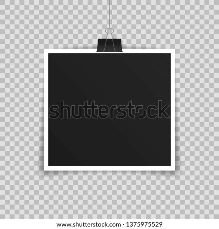 Vector Photo frame mockup design. Photo frame hanging on a clip isolated on transparent background. Vector illustration.