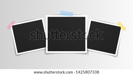Vector Photo frame mockup design. Photo frame on sticky tape isolated on transparent background. Vector illustration.