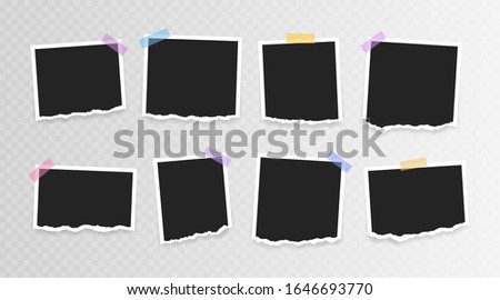Vector Photo frame mockup design. Super set photo frame with torn paper on sticky tape isolated on transparent background. Vector illustration.