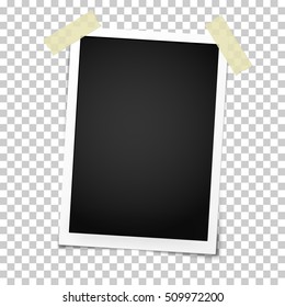 Vector photo frame on sticky tape on transparent background. Template photo design.