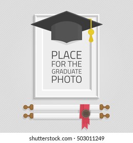 Vector Photo Frame Template With Graduation Cap And Diploma Rolled Scroll. Frame To Win The Students. Graduation, Education Concept. 