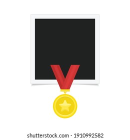 Vector photo frame template with medal of winner. Blank photograph, gold award with red ribbon isolated on white background. Concept of an award of the winner. EPS 10.