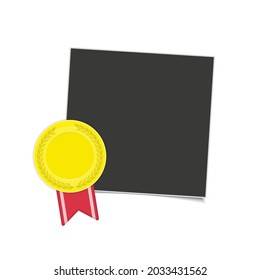 Vector photo frame template with medal of winner. Blank photograph, gold award with red ribbon isolated on white background. Concept of an award of the winner. EPS 10.