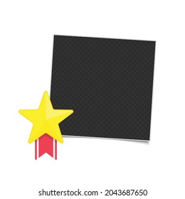 Vector photo frame template with medal of winner. Blank photograph, gold award with red ribbon isolated on white background. Concept of an award of the winner. EPS 10.