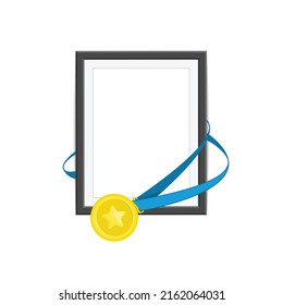 Vector photo frame template with medal of winner. Blank photograph, gold award with red ribbon isolated on white background. Concept of an award of the winner. EPS 10.