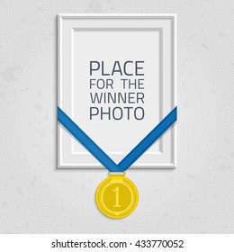 Vector Photo Frame Template With Medal Competition Winner. Frame To Win The Competition. Gold Medal On Isolated Background Frames. Frame With A Medal Of The Winner. Concept Of An Award Of The Winner.
