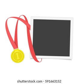 Vector photo frame template with medal of winner. Blank photograph, gold award with red ribbon isolated on white background. Concept of an award of the winner. EPS 10.