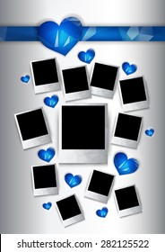 Vector photo frames with blue hearts for couples in love. Polygonal geometric stylized design.