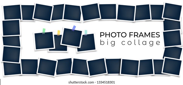 Vector photo frames with white borders composition. Big realistic photo wall mockup. 