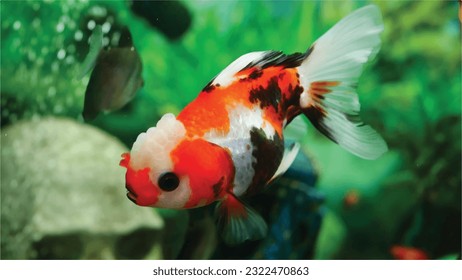 Vector Photo goldfish swimming in the aquarium with clear water, looks very beautiful