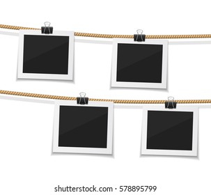 vector photo hanged on a rope. Retro photos on a thread. Instant photo frame collection. Collect moments