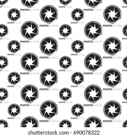 Vector photo logo seamless pattern. Photography and photo studio hand drawn design elements, signs, logos, identity, labels, badges, branding objects for business. Black sketch on white background.
