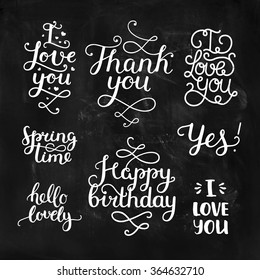 Vector photo overlays, handdrawn lettering collection, love and romantic quote. I love you, Thank you, Spring time, Happy birthday, hello lovely. For scrapbook, greeting cards and more