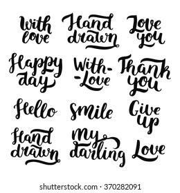 Vector photo overlays, handdrawn lettering collection. With love, Hand drawn, Love you, With love, Thank you, Hello, Smile, My darling, Love. For scrapbook, greeting cards and more