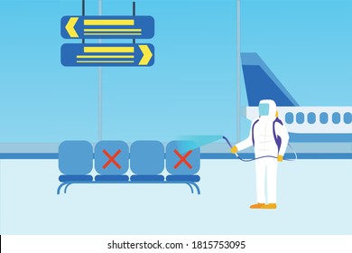 Vector Photo of professional disinfector man in white full protected suit with disinfectant clean the Airport, kill bacterias with equipment, spray on surface. epidemic, coronavirus, covid-19 concept