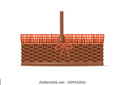 Vector Photo Realistic 3d Illustration Of Empty  Picnic Basket With Checkered Linen. Isolated On White