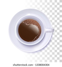 Vector Photo Realistic Coffee Cup  With Soucer On Transparent Background. Top View. Flat Lay