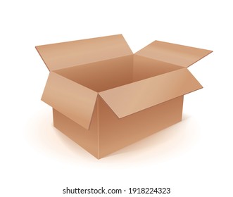 Vector Photo Realistic Empty Cardboard Crat Isolated On White. Perspective View