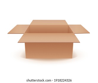 Vector Photo Realistic Empty Cardboard Crat Isolated On White. Perspective View