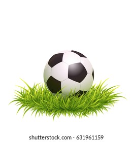 Vector Photo Realistic Illustration Of Classic Soccer Ball In The Green Grass. Close Up View. 