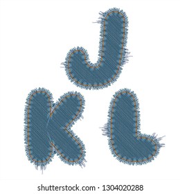 Vector Photo Realistic Illustration Of Torn Denim Patches Isolated On White Background. J, K, L Letters