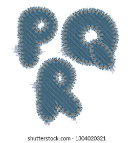 Vector Photo Realistic Illustration Of Torn Denim Patches Isolated On White Background. P, Q, R Letters