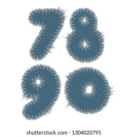 Vector Photo Realistic Illustration Of Torn Denim Patches Isolated On White Background. 7, 8, 9, 0 Numbers