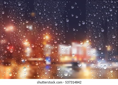 Vector Photo Realistic Image Of Raindrops On Window Glass At Night In The City 