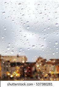 Vector Photo Realistic Image Of Raindrops Trough Window Glass At Night In The City 