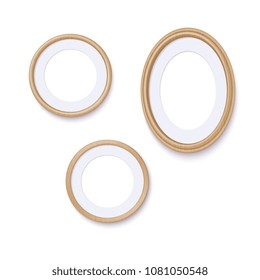 Vector Photo Realistic Round And Oval Wooden Frames And Passe-partout Template Isolated On White Background