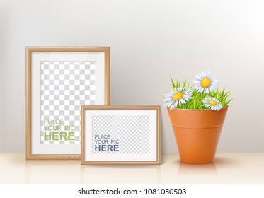 Vector Photo Realistic Stylish Interior Backdrop With Ceramic Pot And Photo Frame Decoration