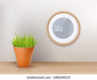 Vector Photo Realistic Stylish Interior Scene With Ceramic Pot And Photo Frame Decoration