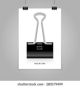 Vector photo realistic template of a paper sheet (poster, picture frame) and clips - hold me tight - on a gray background