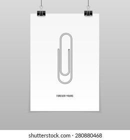 Vector photo realistic template of a paper sheet (poster, picture frame) and clips - yours forever on a gray background