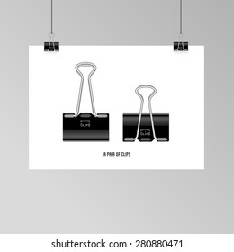 Vector photo realistic template of a paper sheet (poster, picture frame) and and a pair of clips on a gray background